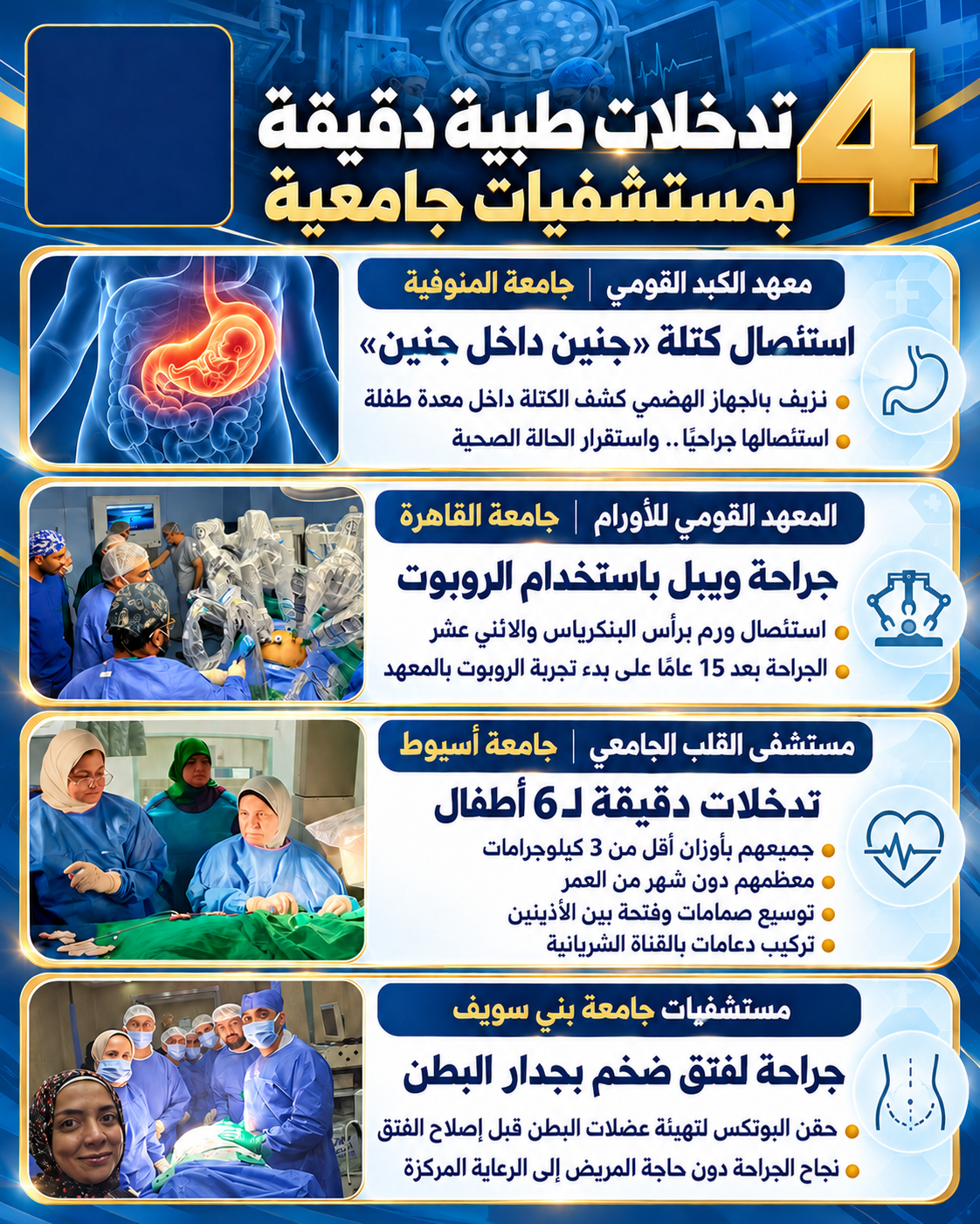  من «جنين داخل جنين» إلى جراحة الروبوت.. 4 نجاحات طبية بالمستشفيات الجامعية