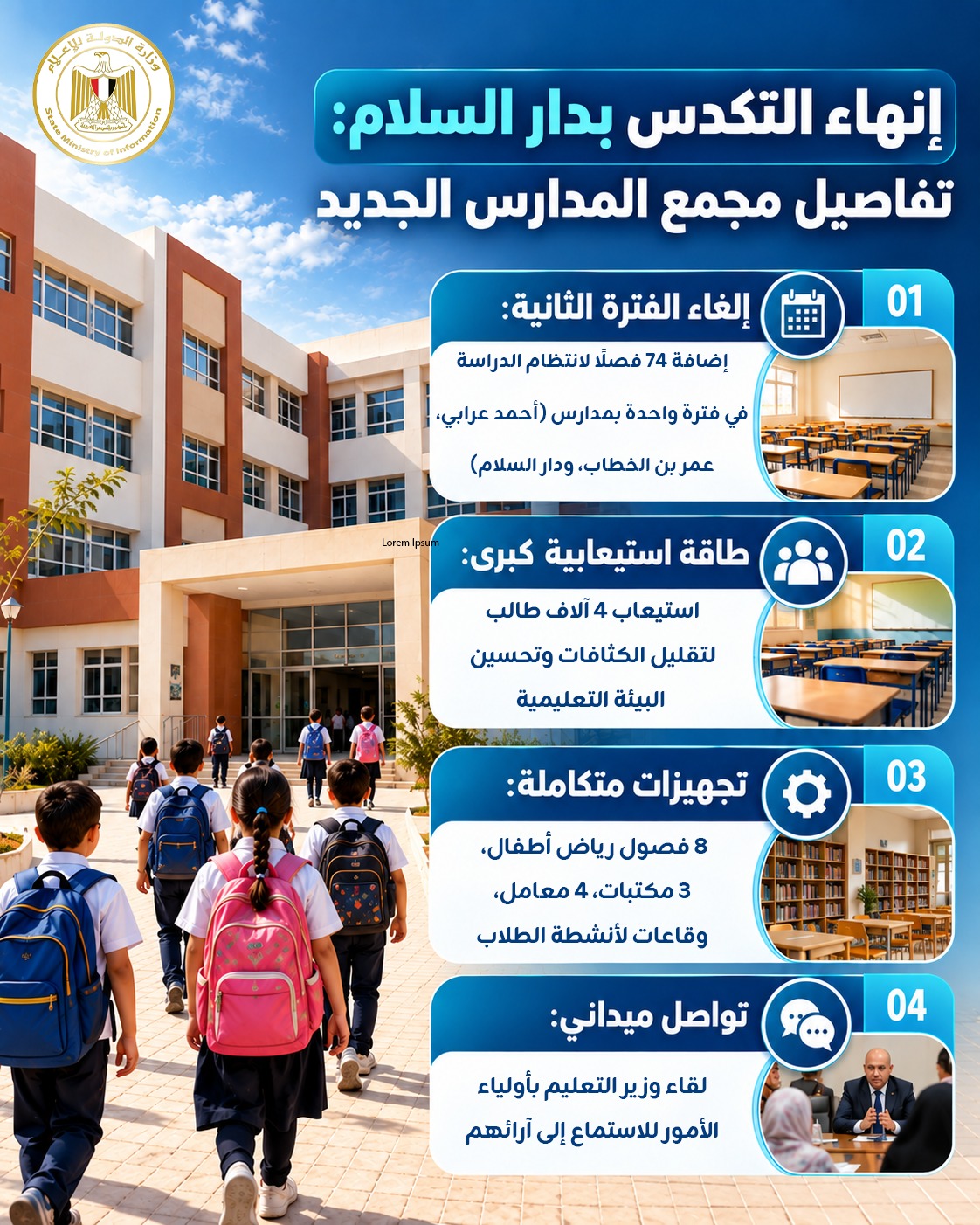 إلغاء الفترة الثانية وحل أزمة الكثافات.. افتتاح مجمع مدارس جديد بدار السلام